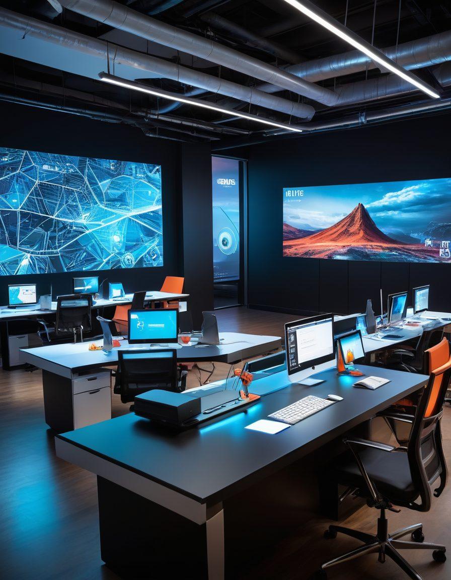 A bustling modern design studio with sleek, futuristic workstations, graphic designers brainstorming next to vibrant digital project displays, and a polished, professional ambiance highlighting innovative services. Seamless blending of creativity and technology with designers sketching and coding. Emphasis on dynamic, cutting-edge web solutions. futuristic. vibrant colors. high-tech aesthetic.
