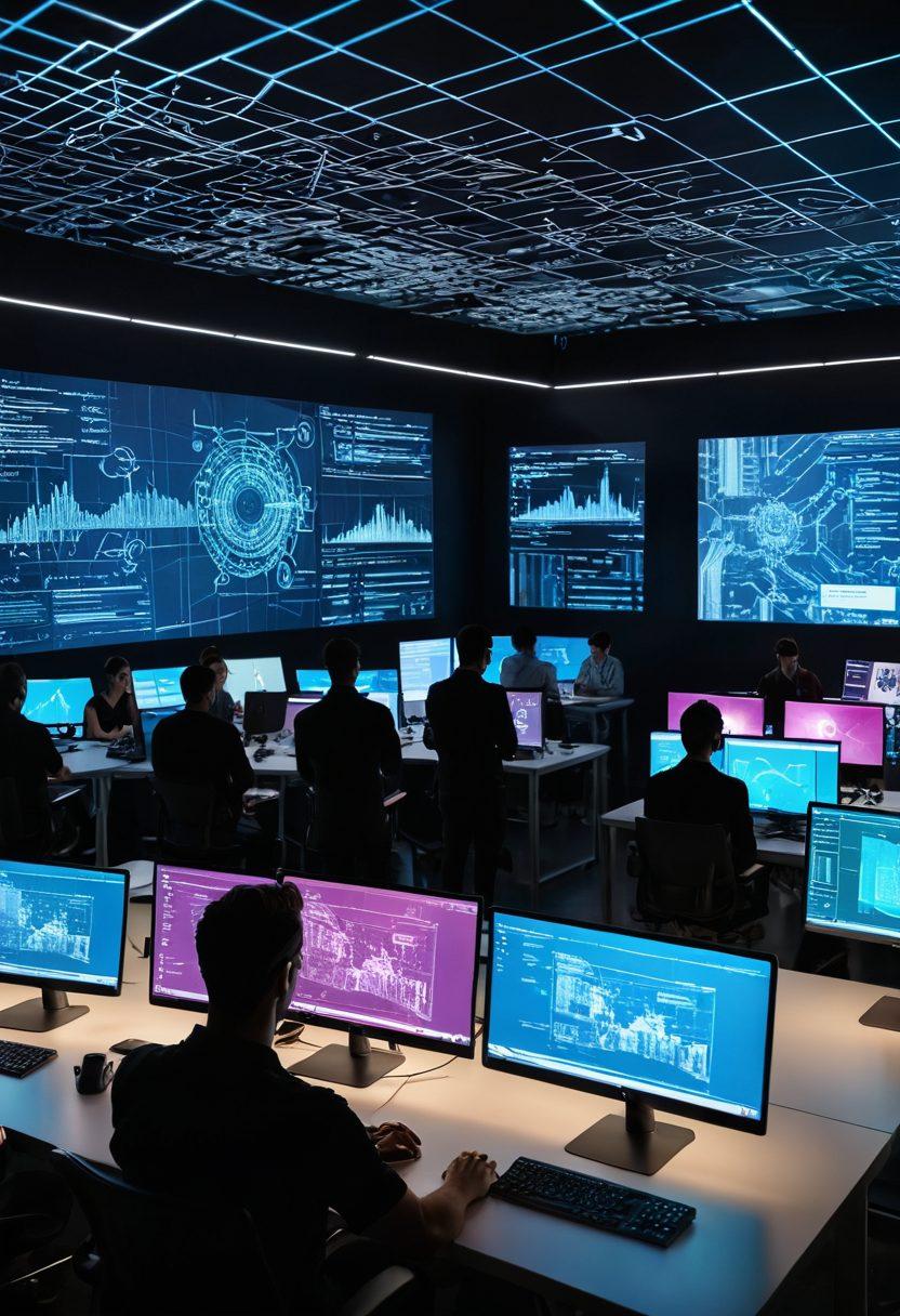 A bustling digital studio with designers working on futuristic holographic screens, developers coding in the background with intricate lines of code, and project managers brainstorming with digital blueprints on walls. Super-realistic. Vibrant colors. Modern tech office aesthetics.