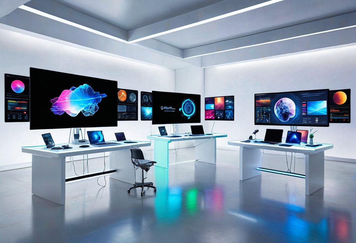 A futuristic digital studio with sleek, modern equipment; a team of creative professionals brainstorming and designing on large digital screens; holographic elements showcasing various creative web designs; vibrant colors highlighting the transformation from ordinary to extraordinary. super-realistic. vibrant colors. white background.